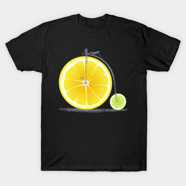 Vintage Lemon Lime Bike with Retro Cycle Frame Look and Lemon and Green Citrus Wheels, where you sit on Top of Lemon T-Shirt by Olloway